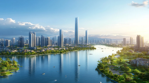 现代化城市中河流与摩天大楼的景观