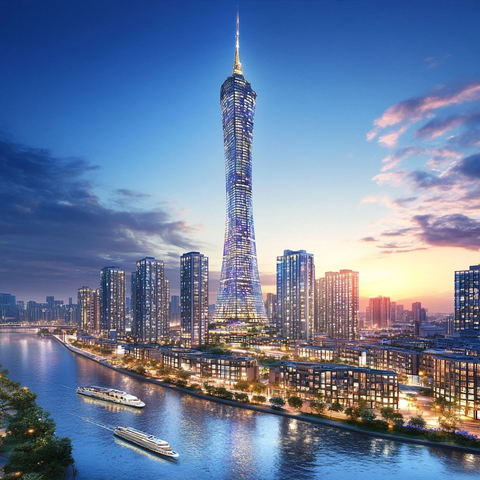 城市河畔旁的摩天大楼建筑群