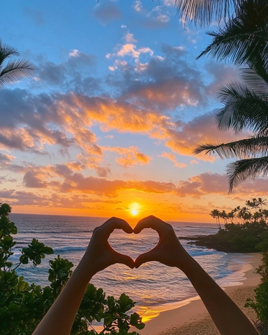 双手比心日落海滩