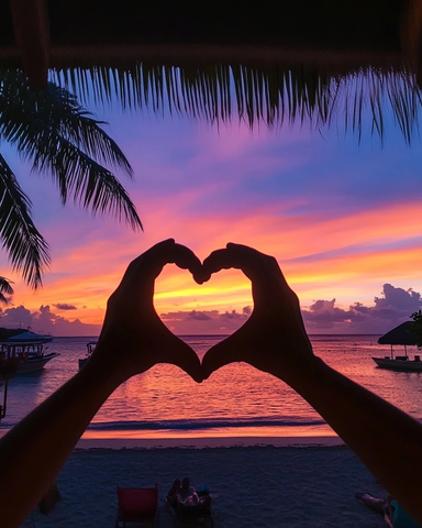 双手比心日落海滩