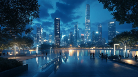 夜晚城市水边的现代建筑景观