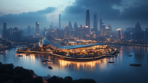 现代都市夜景下的水边特色建筑全景