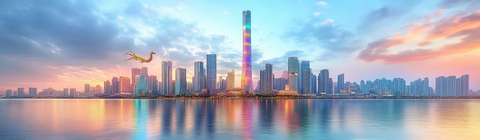 现代都市临水而立的高楼群全景