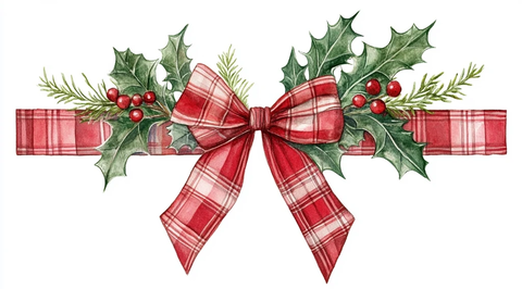 圣诞蝴蝶结与冬青和槲寄生