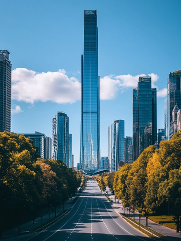 城市宽阔大道旁的摩天大楼建筑群