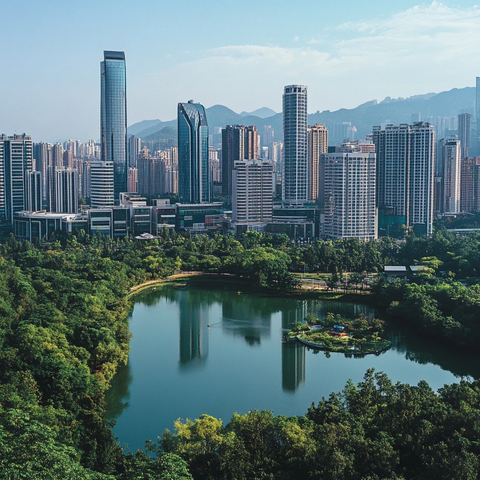 城市中湖畔边的高楼大厦鸟瞰全景