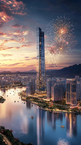 摩天大楼旁的城市夜景与璀璨烟花秀