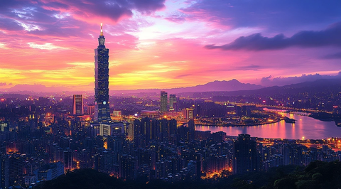 台北大楼黄昏下的城市景观鸟瞰全景