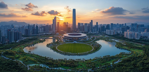 城市体育场与林立高楼的黄昏全景图