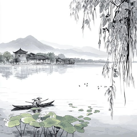 湖上船夫泛舟古建相伴的水墨风光