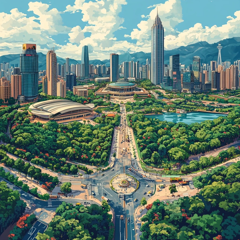 现代化都市鸟瞰图高楼绿树相映成趣