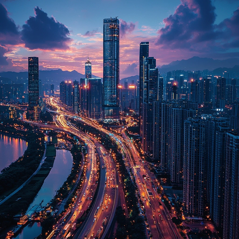 暮色下城市道路与高楼大厦的璀璨夜景