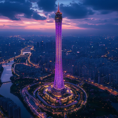 暮色下的广州塔全景