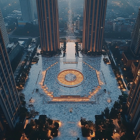 城市高楼间的特色广场夜景俯瞰图