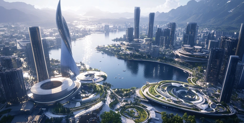 现代化都市临水建筑群鸟瞰全景