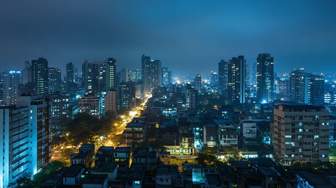 夜幕下的城市全景灯火辉煌的高楼建筑群