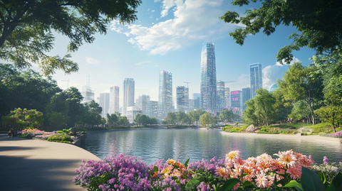 城市湖泊旁鲜花盛开的美丽景象