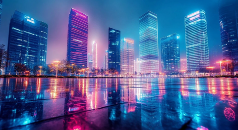 城市夜景中灯火通明的摩天大楼群