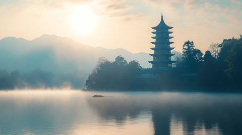 湖面上矗立古塔的山水景观