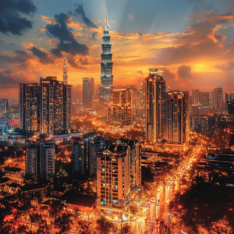 暮色下的现代化都市高楼林立的景象