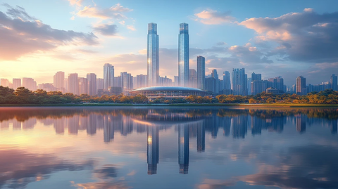 城市天际线与湖面倒影的美丽景象