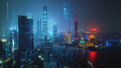 上海夜景中的高楼大厦与科技感元素结合