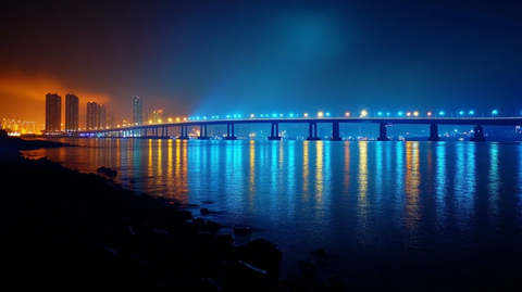夜晚灯光映照下的大桥及城市景观