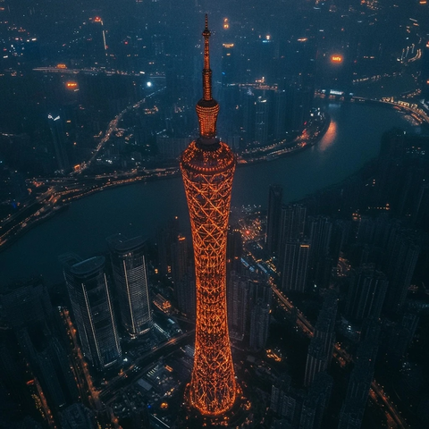 广州塔夜景鸟瞰全景