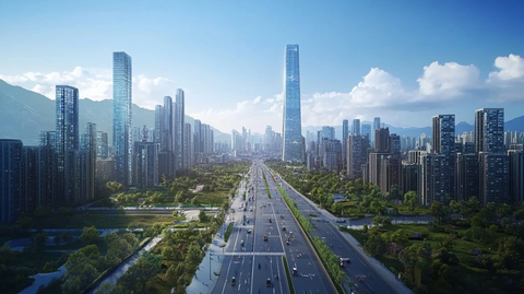 现代化都市宽阔道路及两侧高楼鸟瞰全景