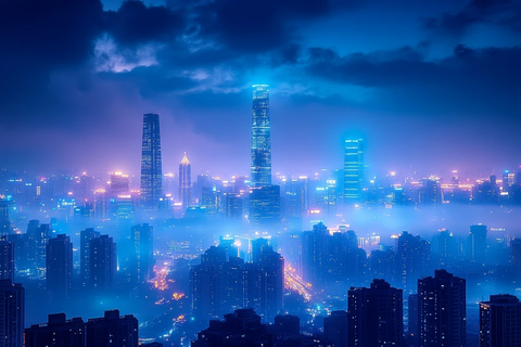 雾霭中俯瞰城市繁华夜景