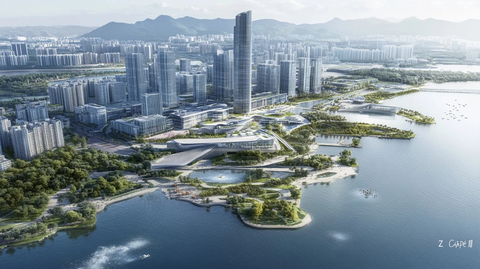 现代化城市滨水区域鸟瞰全景