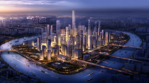 城市河心岛夜景鸟瞰图