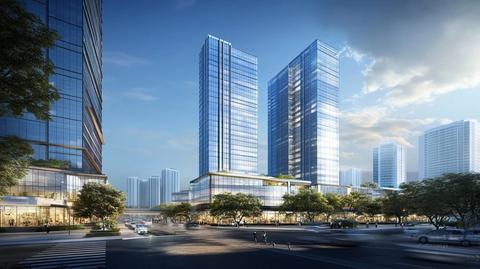 现代化城市街道旁的摩天大楼