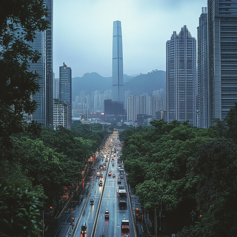 雨中城市大道车流不息高楼林立全景