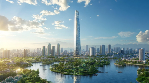 现代都市河流旁的摩天大楼鸟瞰全景