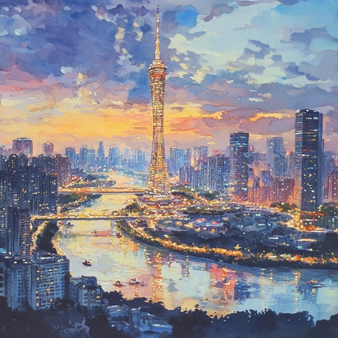 暮色下的城市夜景与高塔全景