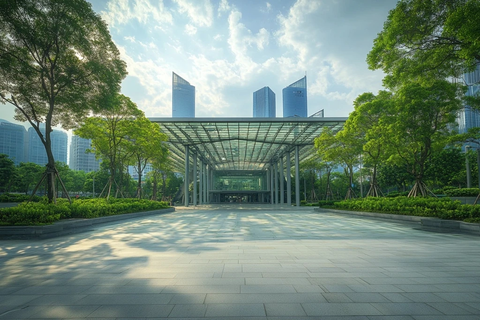 现代化都市中的玻璃建筑远景全景