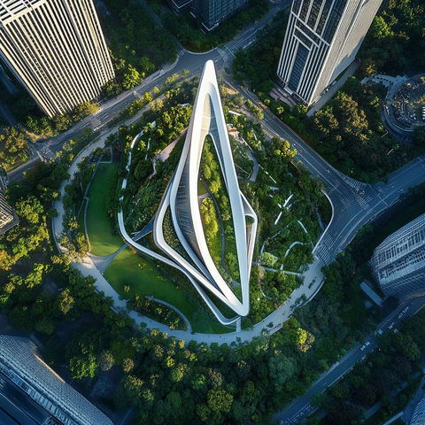 现代化城市中独特造型的建筑鸟瞰图