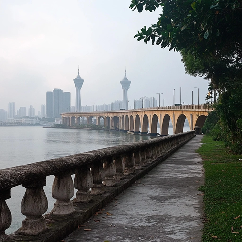 水边步道旁的城市桥梁及远处高楼景致