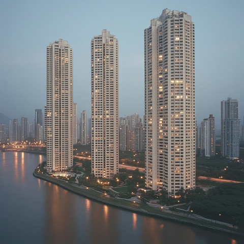 河畔边灯火通明的高楼群夜景