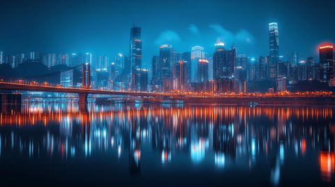 城市夜景下的江面倒影与高楼桥梁