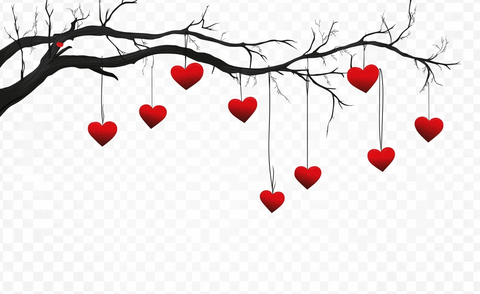树上悬挂红心装饰