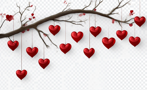 树上悬挂红心装饰