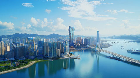 现代化都市临水建筑与桥梁的美丽景致