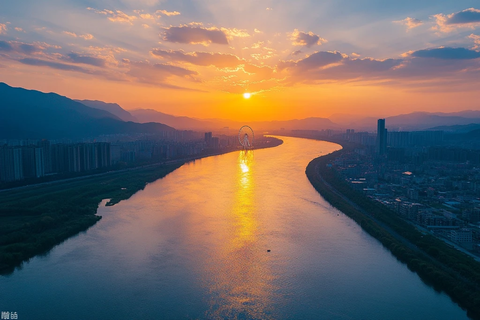 城市河流夕阳美景的鸟瞰图