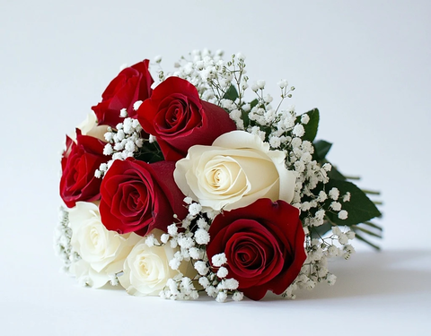 红白玫瑰与满天星花束