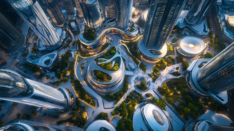 现代化都市高楼间的独特建筑景观