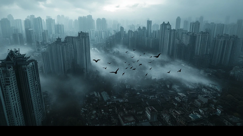 雾霭笼罩下的城市鸟瞰图