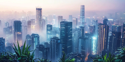 雾霭中灯火通明的城市高楼群鸟瞰全景