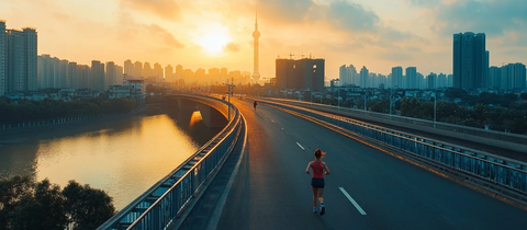 城市大桥上晨跑的人